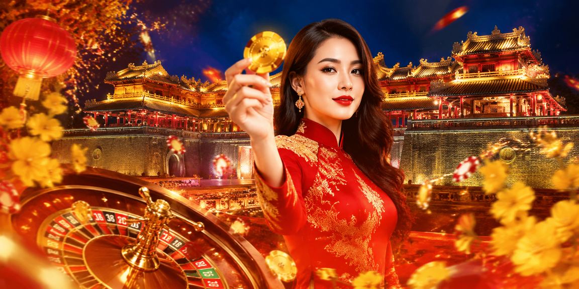 Không khí lễ hội sôi động tại Huế kết hợp hình ảnh bàn Roulette trong thiết kế đặc trưng miền Trung