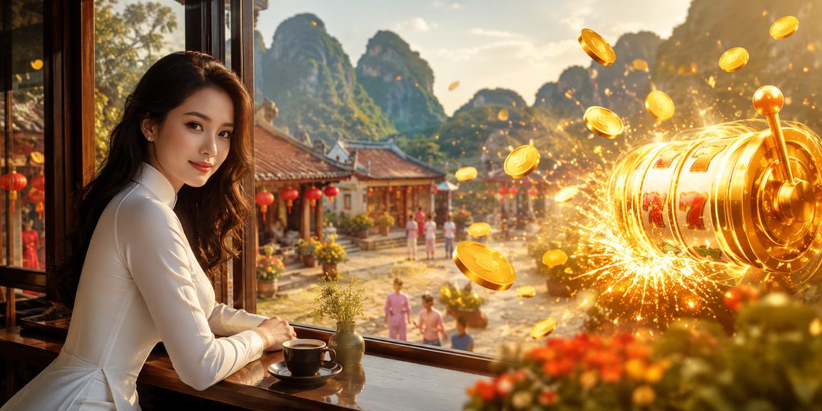Phụ nữ mặc áo dài truyền thống tại Ninh Bình thư giãn với game slot trên điện thoại bên cạnh cảnh núi non hùng vĩ